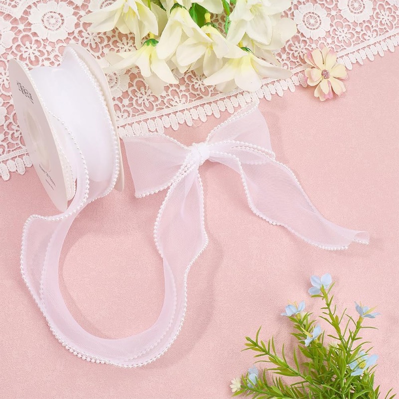5 Yards White Faux Pearl Edge  - Organza Ribbon Spool recension och pris