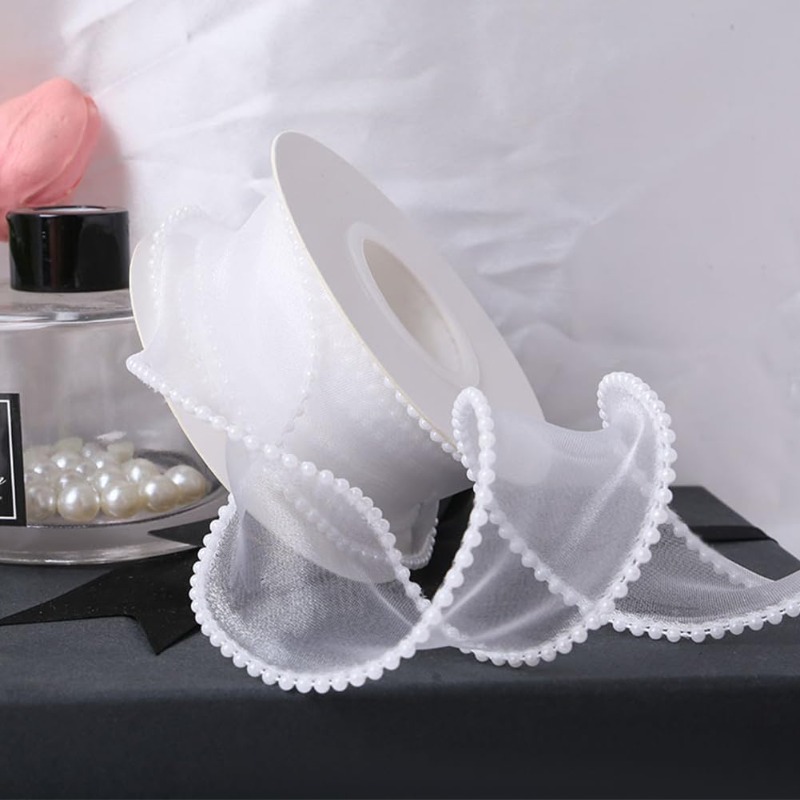 5 Yards White Faux Pearl Edge  - Organza Ribbon Spool recension och pris