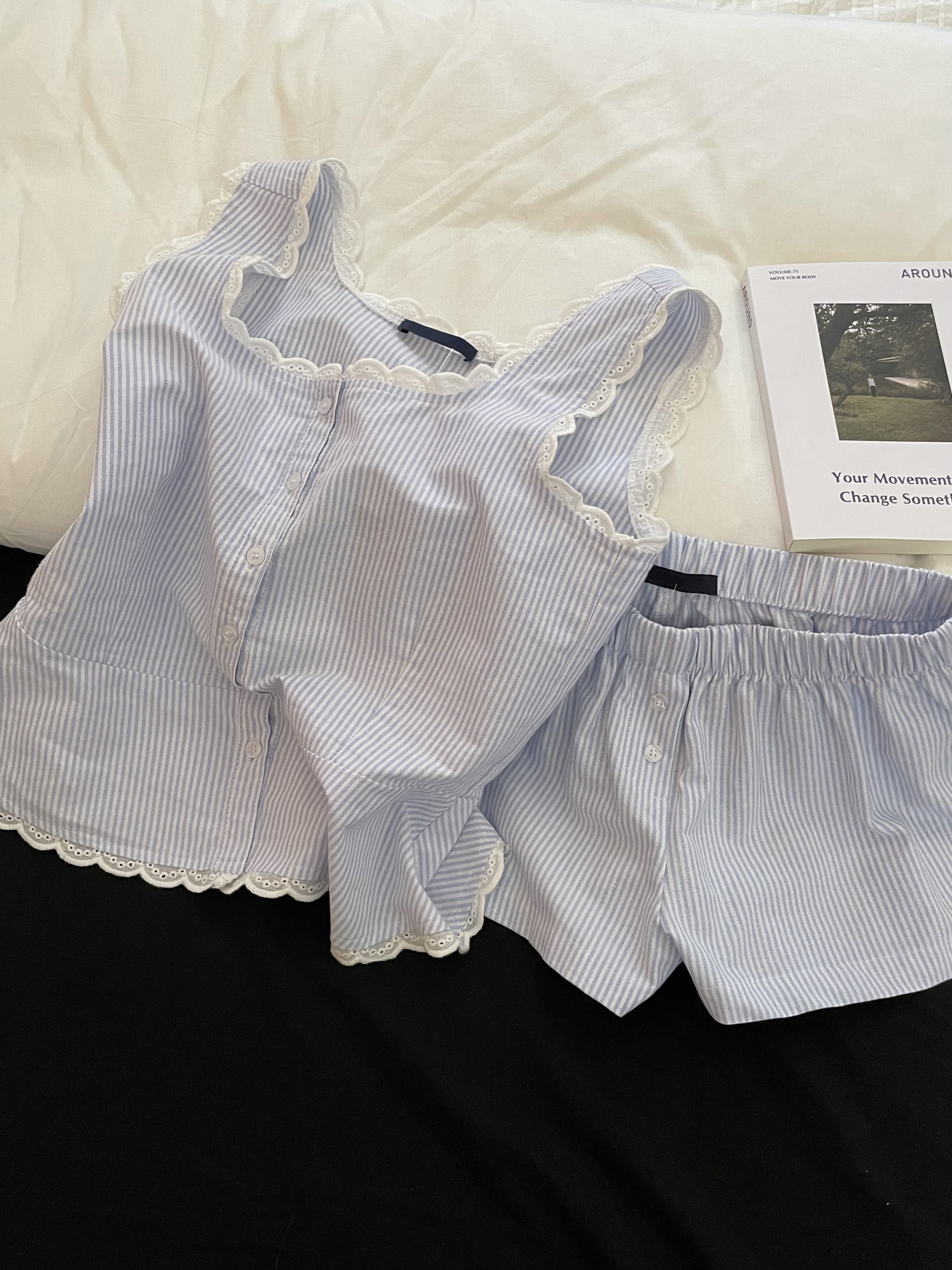Blue Striped Shorts 2 Piece Se - Elastic Lace Trim recension och pris