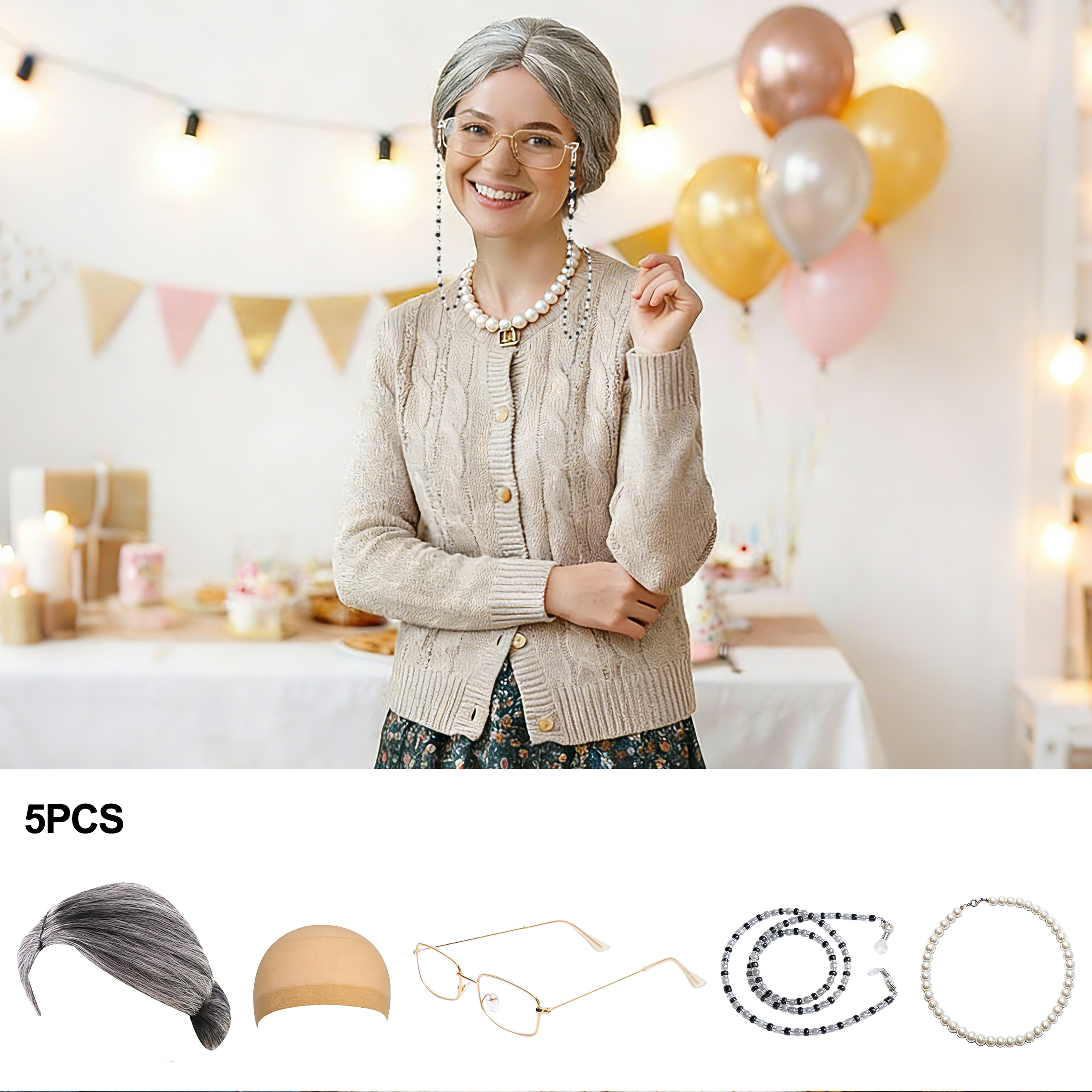 5Pcs Old Lady Costume Set Gran - Pearl Trim Chain recension och pris