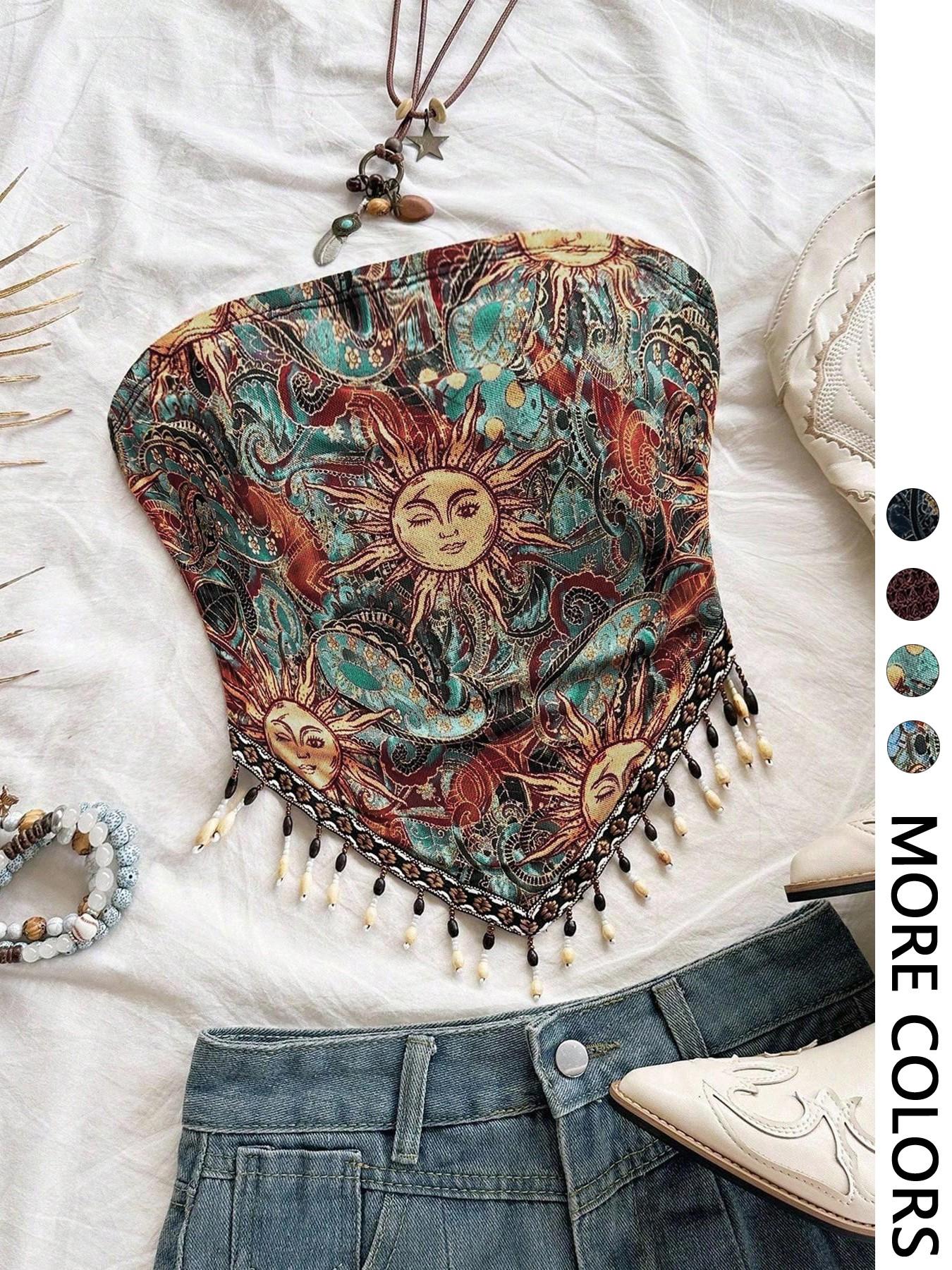 Ladies' 1pc Printed Mesh Knitt - Beaded Trim Fringe recension och pris