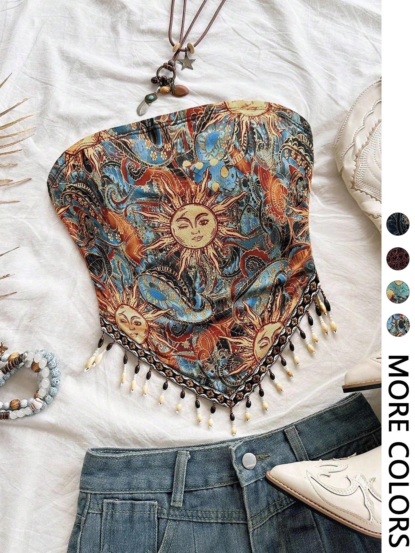 Ladies' 1pc Printed Mesh Knitt - Beaded Trim Fringe recension och pris