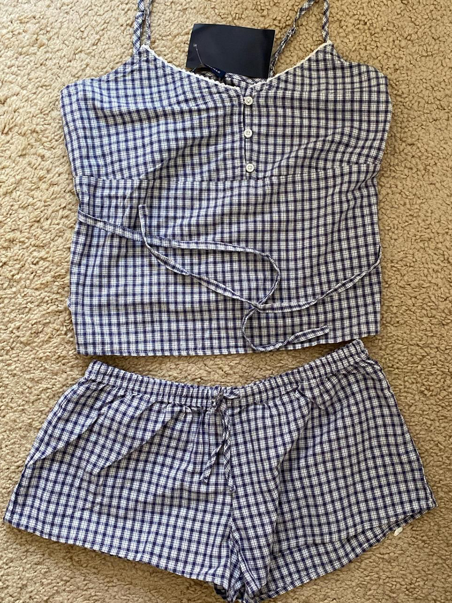 Navy Plaid Tank Shorts 2 Piece - Elastic Lace Trim recension och pris
