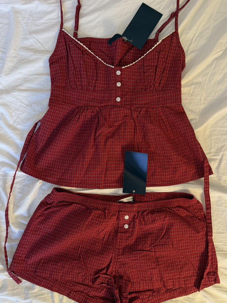 Red Plaid Buttons Tank Shorts  - Elastic Lace Trim recension och pris