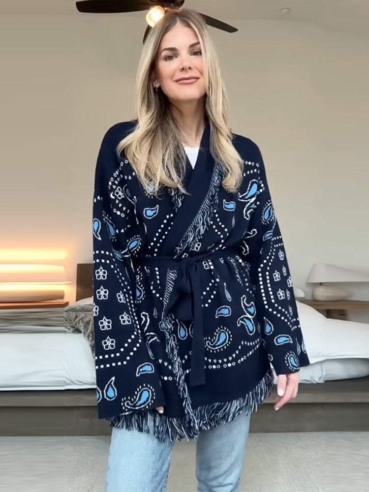 Elegant Print Tassel Cardigan  - Tassel Fringe Trim recension och pris