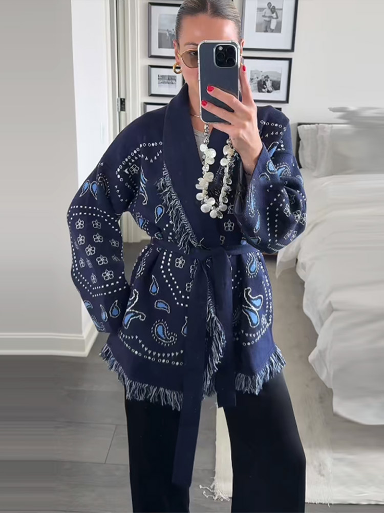 Elegant Print Tassel Cardigan  - Tassel Fringe Trim recension och pris